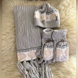 Muk Luks Gray and Cream Knit Scarf Hat and Fingerless Gloves Set